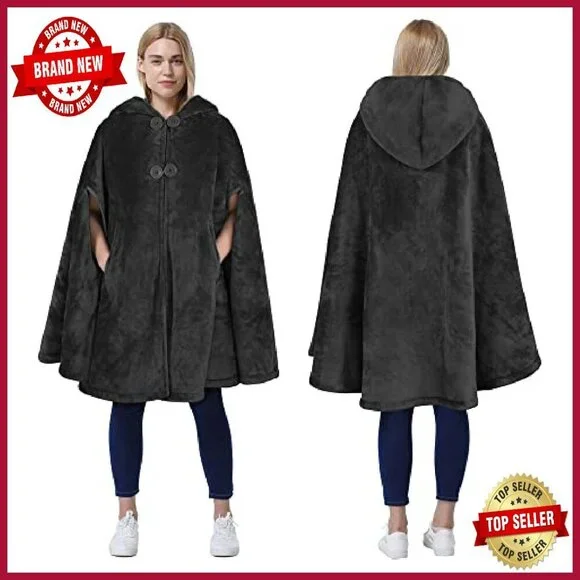 Oversized Sherpa Fleece Hooded Poncho Cape Wearable Blanket One Size - Picture 2 of 8